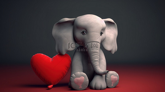 婴儿枕头背景图片_一个可爱的玩具大象模型，在 3D 渲染中拥抱一个柔软的红色心形枕头