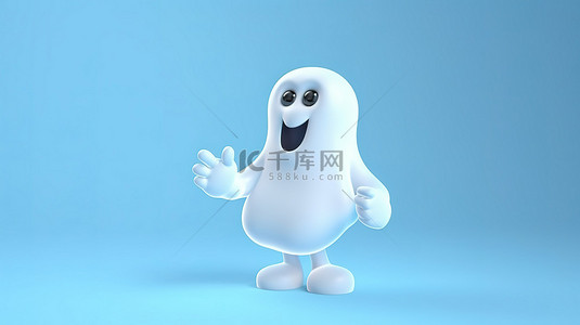 漫画幽灵背景图片_有趣的幽灵 3D 渲染了蓝色背景上带有语音气泡的白色幽灵的插图