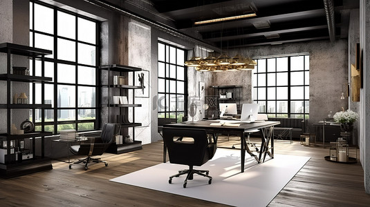阁楼豪华由 3D 渲染改造的现代办公室