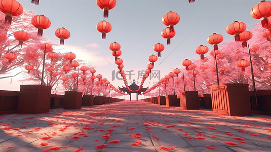 用灯笼装饰的中国新年节日的 3d 渲染