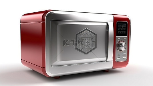 现代微波炉，带红色保修盾和银色饰面，白色背景 3D 渲染