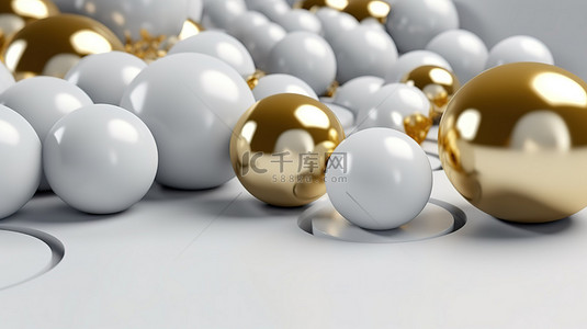 带有白色和金色球体的简约抽象背景的 3D 渲染