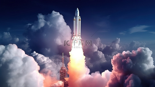 穿梭云层背景图片_火箭发射的 3D 渲染插图，烟雾在天空星系中飞行，月亮在云层上空