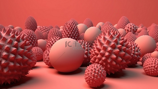 丰富的几何对象在令人惊叹的 3D 渲染中呈现出舒缓珊瑚色调的大量球体和锥体