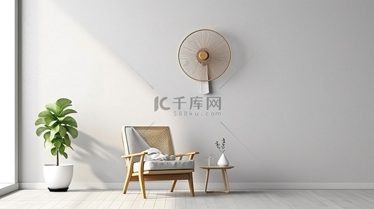 别致的室内装饰木椅和风扇设置在白色墙壁背景 3d 渲染的模拟海报框架上