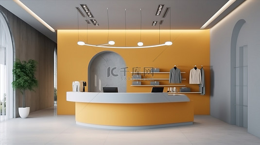 设计商店入口的 3D 渲染，设有客户收银台柜台