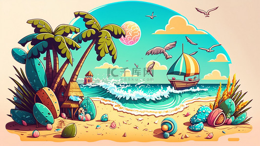 夏日沙滩海洋背景图片_夏日沙滩植物彩色背景