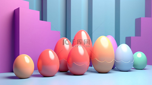 3D 渲染插图中柔和抽象背景上充满活力的复活节彩蛋