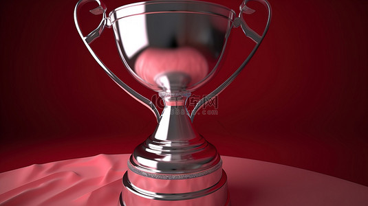 红色奖杯背景图片_红色背景闪耀在银色奖杯后面，在 3D 渲染中带有星星