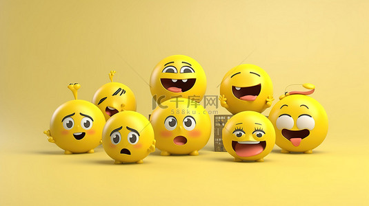 卡通有趣表情背景图片_3d 渲染的 emoji 表情符号字符，其中文本“emoji”作为一组面孔