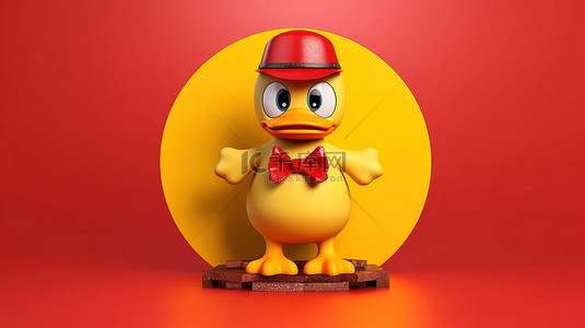 可爱的卡通鸭人吉祥物，在黄色背景 3d 渲染上显示红色禁止标志
