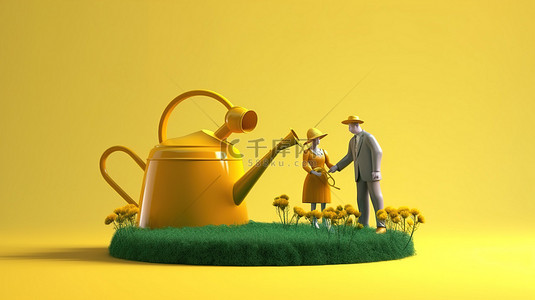 春模板背景图片_通过一个相当大的喷壶进行园艺二人组的 3D 渲染