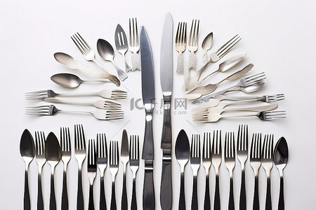 组织架构模板背景图片_白色背景下组织的叉子刀具餐具盘子和餐具
