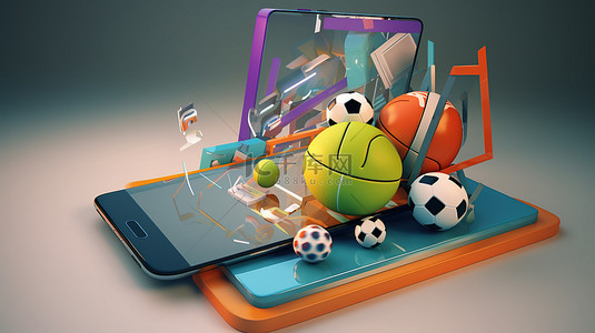 现代智能手机与运动器材面板以充满活力的 3D 插图描绘