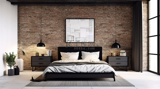 黑卧室背景图片_白砖墙现代阁楼卧室 3D 渲染配有时尚的黑钢家具