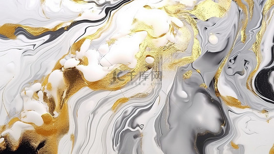 油漆纹理背景图片_3D 插图金色飞溅和白色大理石丙烯酸流体纹理