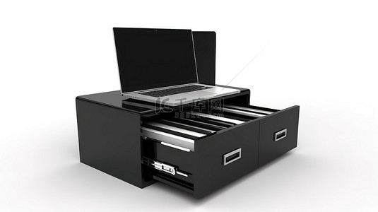办公系统移动端背景图片_独立 3D 渲染中的文件柜和笔记本电脑