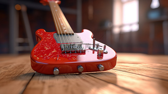 复古风格的红色电吉他放在 3D 渲染的木桌上