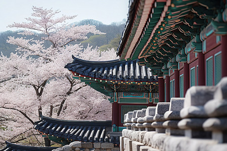 寺庙旅行背景图片_韩国山上樱花盛开的寺庙一侧