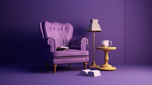 放松放松背景图片_在紫色扶手椅上放松，拿着咖啡书，保持冷静海报 3D 渲染