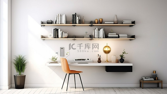 家书桌背景图片_现代工作空间，配有 3D 渲染的时尚书桌和书架