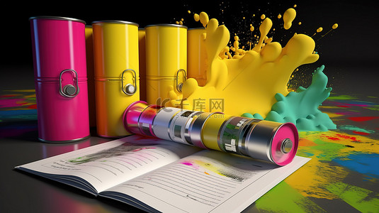 充满活力的喷雾罐和阳光明媚的黄色文件夹，里面装满了文档 3D 渲染图像