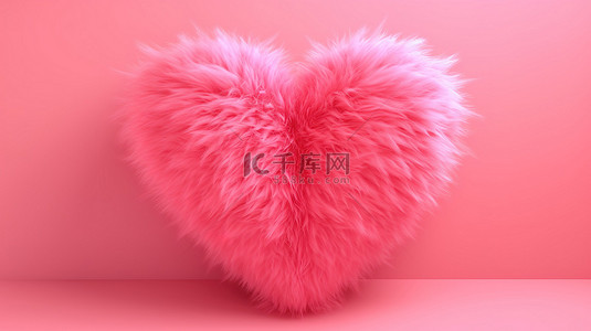 情人节 3d 渲染红色毛皮心插图粉红色背景