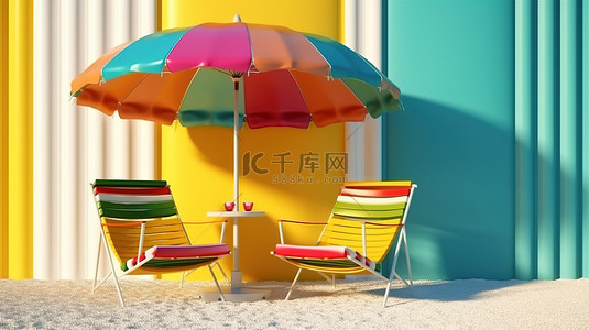 阳光灿烂的日子在海滩 3D 渲染沙滩球太阳镜雨伞和豪华椅子