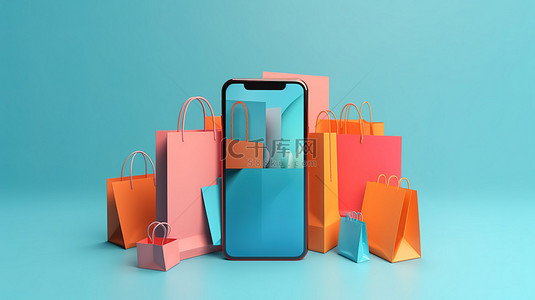 手机橙色背景图片_蓝色背景横幅上 3D 渲染的橙色智能手机周围环绕着色彩鲜艳的购物袋