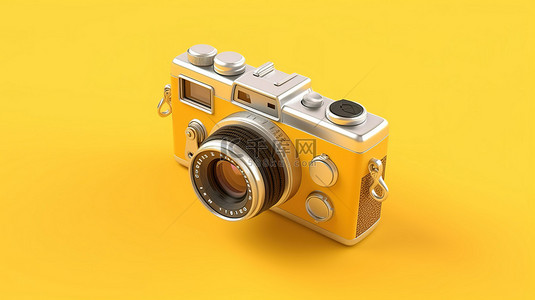 充满活力的黄色背景上老式相机的 3D 插图