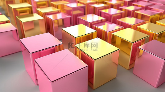 产品显示背景图片_充满活力的粉色和黄色 3D 金属立方体，用于引人注目的产品显示渲染图像
