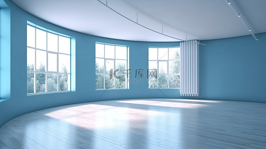 蓝色墙壁工作室的 3D 渲染，带有优雅的窗户，没有家具