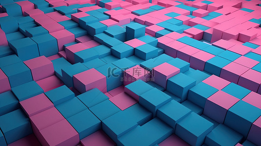 复古蓝色花背景图片_各种形状的蓝色和粉红色立方体图案的简约创意对称纹理 3d 渲染