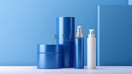 化妆品模型以滴管瓶乳液管和奶油罐为特色，在 3D 插图渲染的蓝色讲台上展示