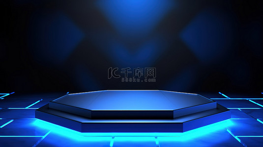 产品展示平台背景图片_蓝色六边形讲台平台的 3D 渲染，用于舞台背景上的产品展示