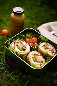 沙拉汁背景图片_午餐盒里装满了开胃菜和新鲜蔬菜沙拉