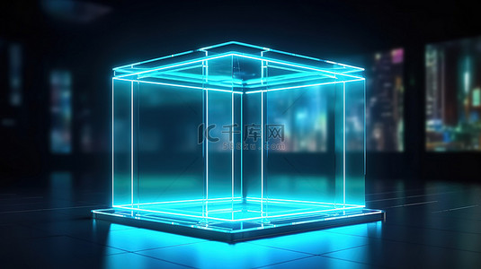 带有霓虹灯发光立方体的内部房间的 3D 渲染