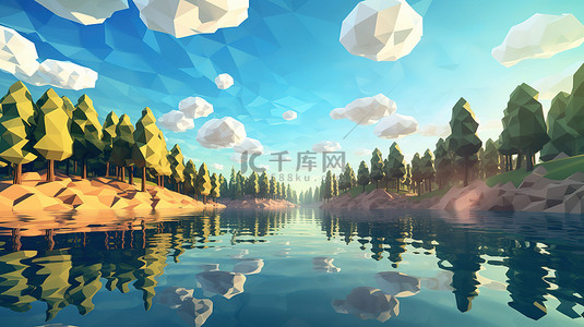 4k森林背景图片_夏季水上低聚森林阳光和天空云的 3D 渲染