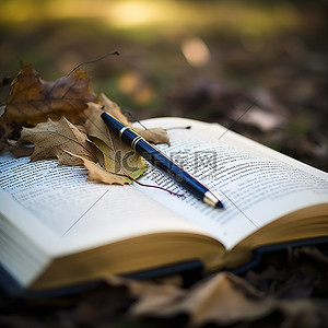 一本书和一支笔在原木上