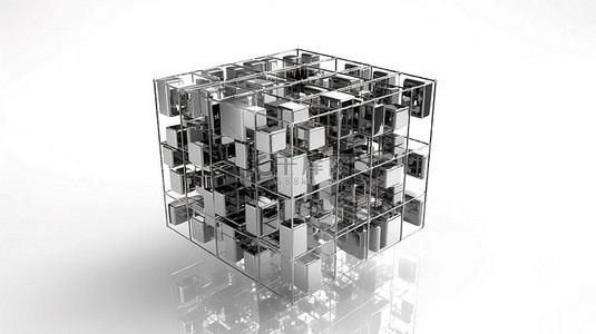 数据可视化的未来表示 白色背景上镀铬线框原子网格立方体的 3D 渲染