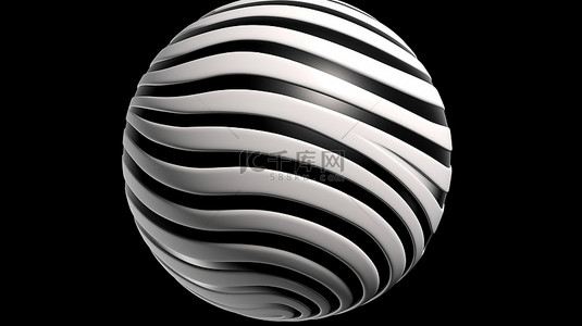 黑色背景上带有白色条纹的变形球体的抽象 3D 渲染