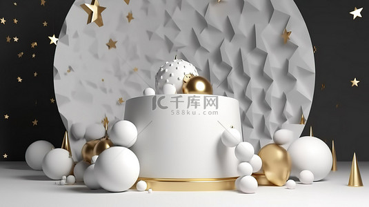 金色发光星星背景图片_高架 3D 平台，用于展示圣诞装饰品球饰物和闪闪发光的星星