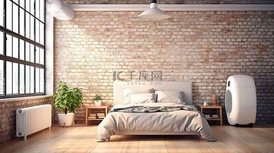 空调背景背景图片_砖墙卧室中便携式空调装置的 3D 渲染