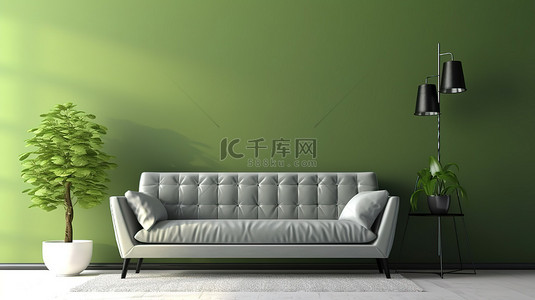 家纺直播背景背景图片_带灰色沙发的绿色客厅的 3D 渲染
