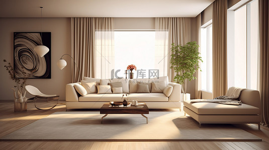 米色室内空间中现代家具的 3D 渲染