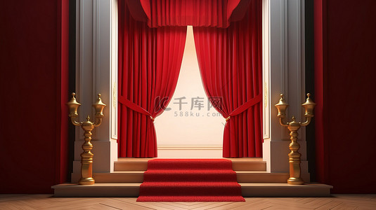 门上装饰背景图片_一扇 3d 渲染的木门，装饰着红色窗帘和混凝土楼梯，象征着成功希望雄心和梦想