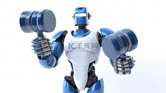 白色背景下手持代表网络法概念的木槌的友好机器人的 3D 渲染