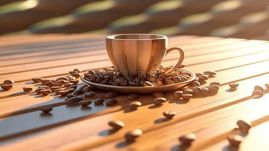 茶几木质背景图片_木质背景与杯子和咖啡豆的 3D 渲染