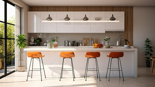 家居厨房背景图片_现代厨房岛，配有 3D 渲染的时尚高脚椅