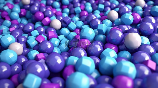 球体蓝背景图片_一组蓝色和紫色立方体和球体的特写 3D 渲染插图
